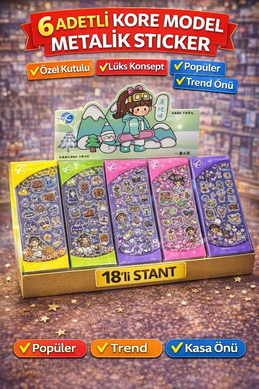 KUTULU METALİK KORE MODEL STİCKER  / 18Lİ STANT